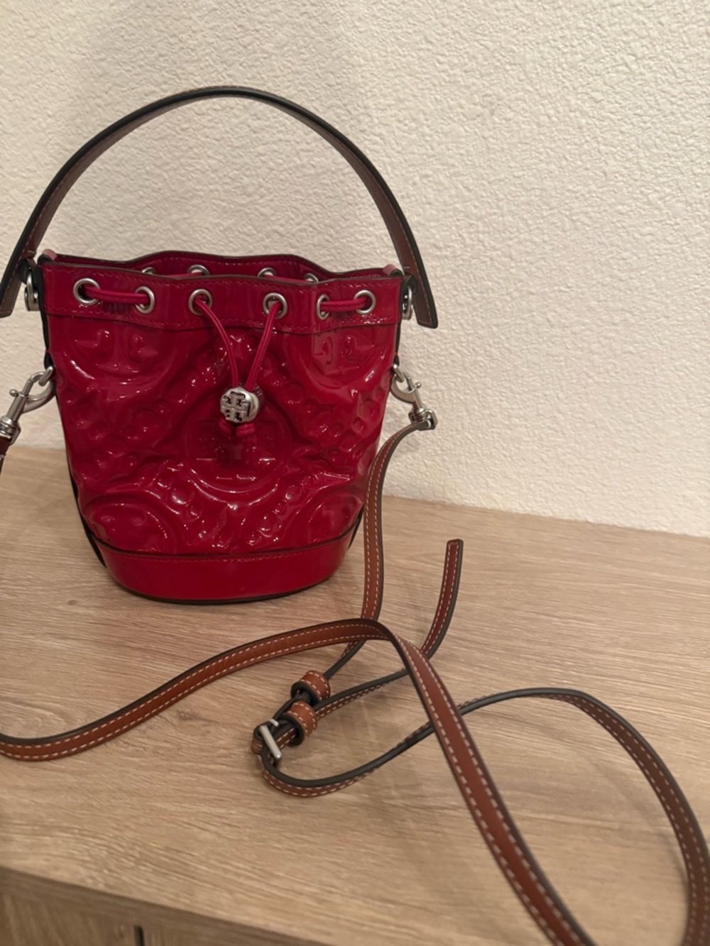 Tory Burch Red Patent Leather Bucket Crossbody with Brown Strap